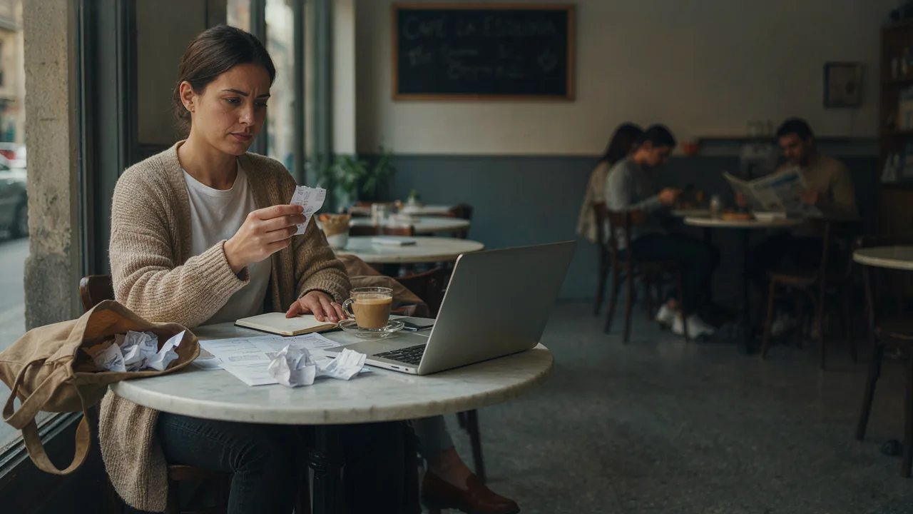 Autónoma revisando tickets y facturas junto a su ordenador antes de preparar la documentación para la gestoría.